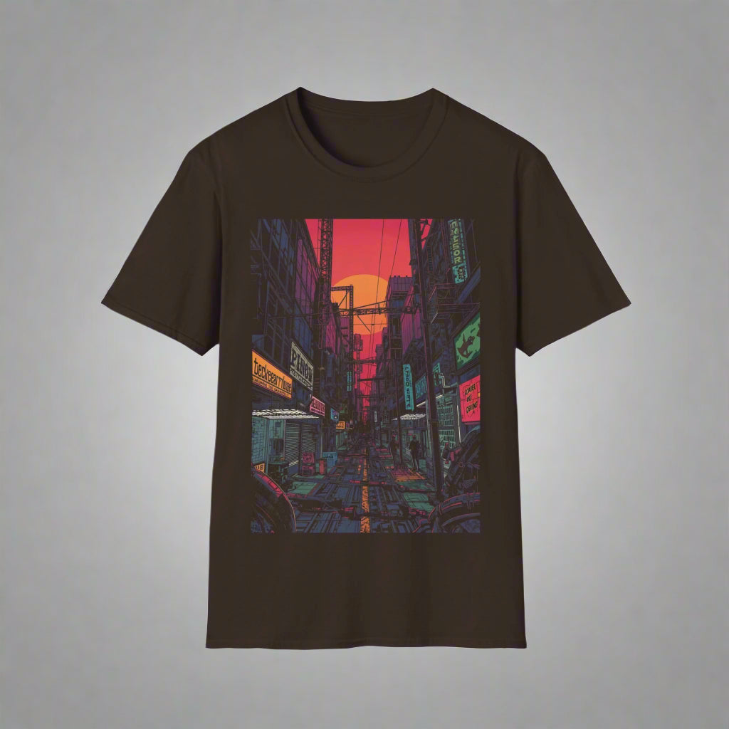 Black t-shirt with a colorful cityscape graphic