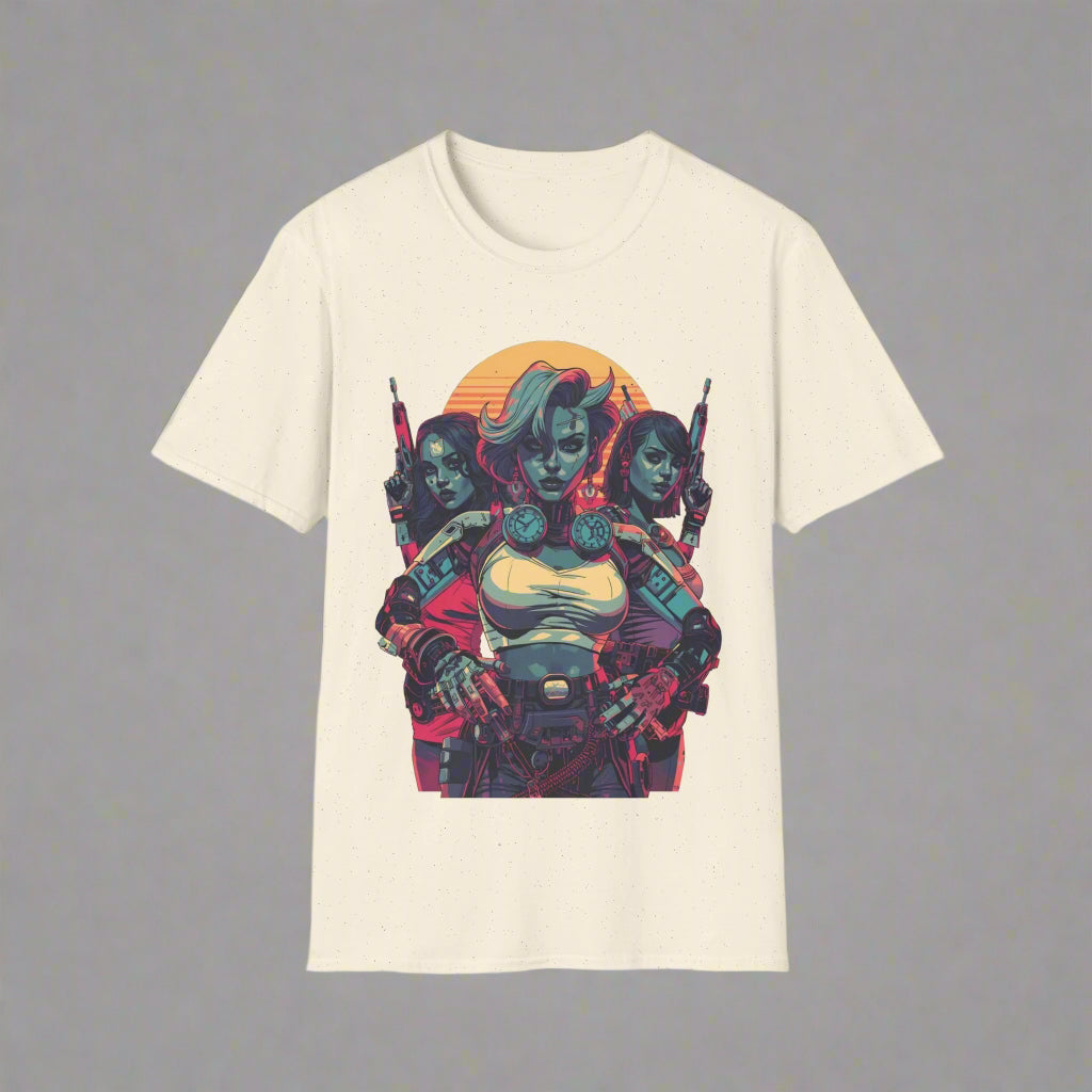 Beige t-shirt with a colorful graphic design of a character holding guns
