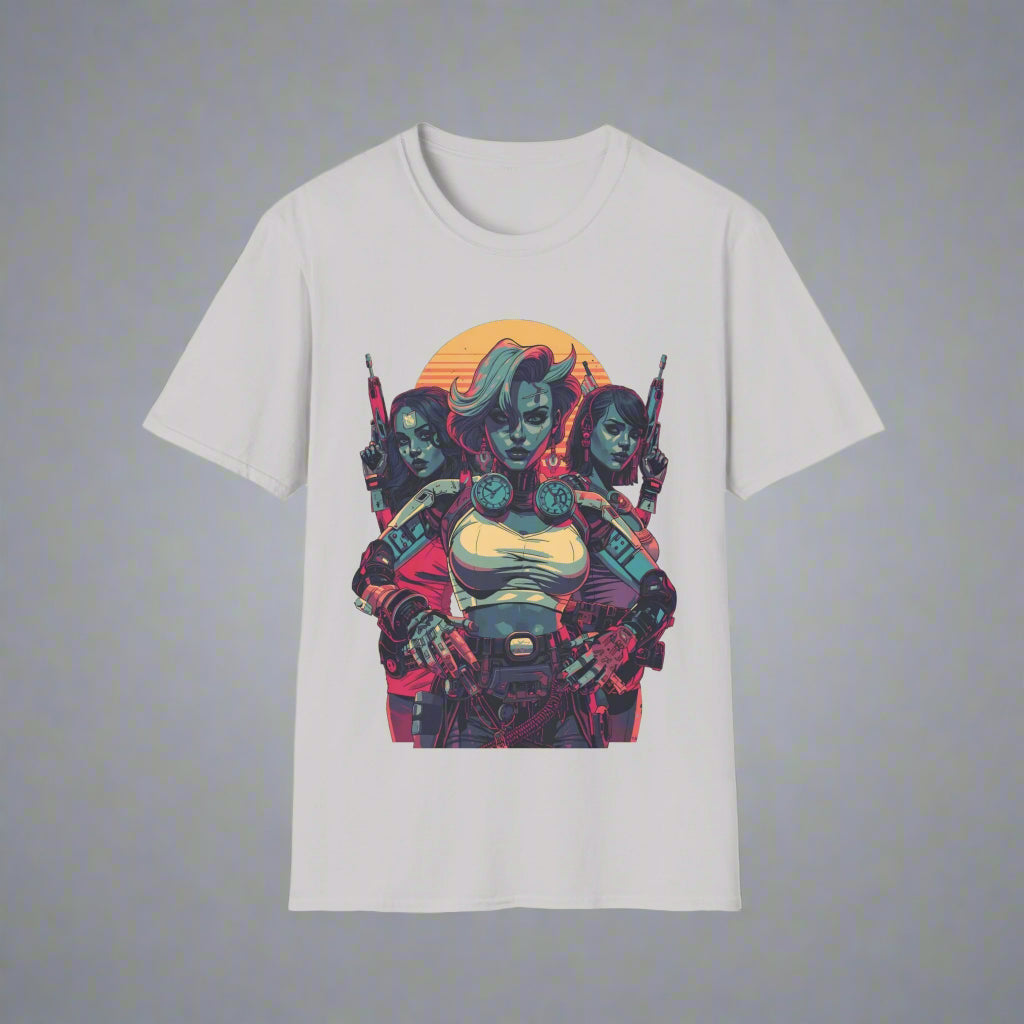 Gray t-shirt with a colorful graphic design of two characters holding guns
