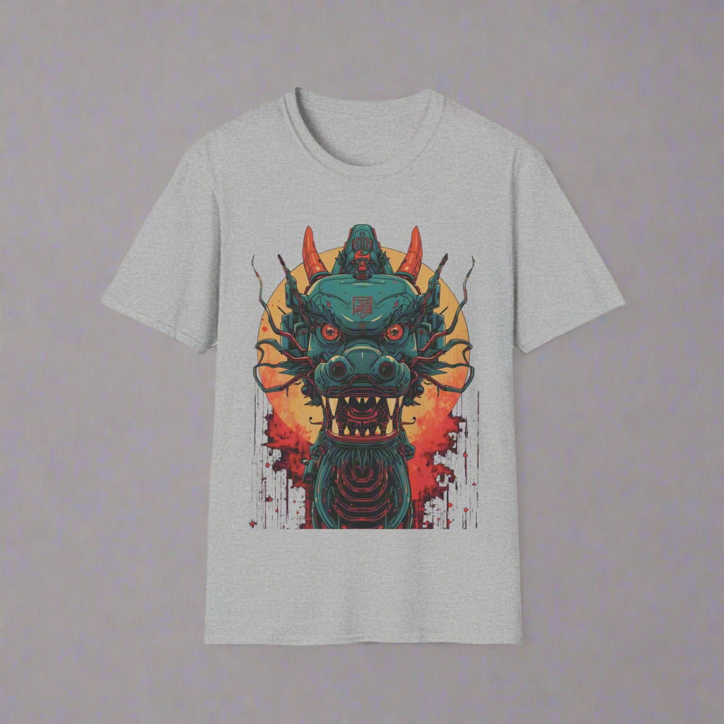 Gray t-shirt with a colorful dragon graphic