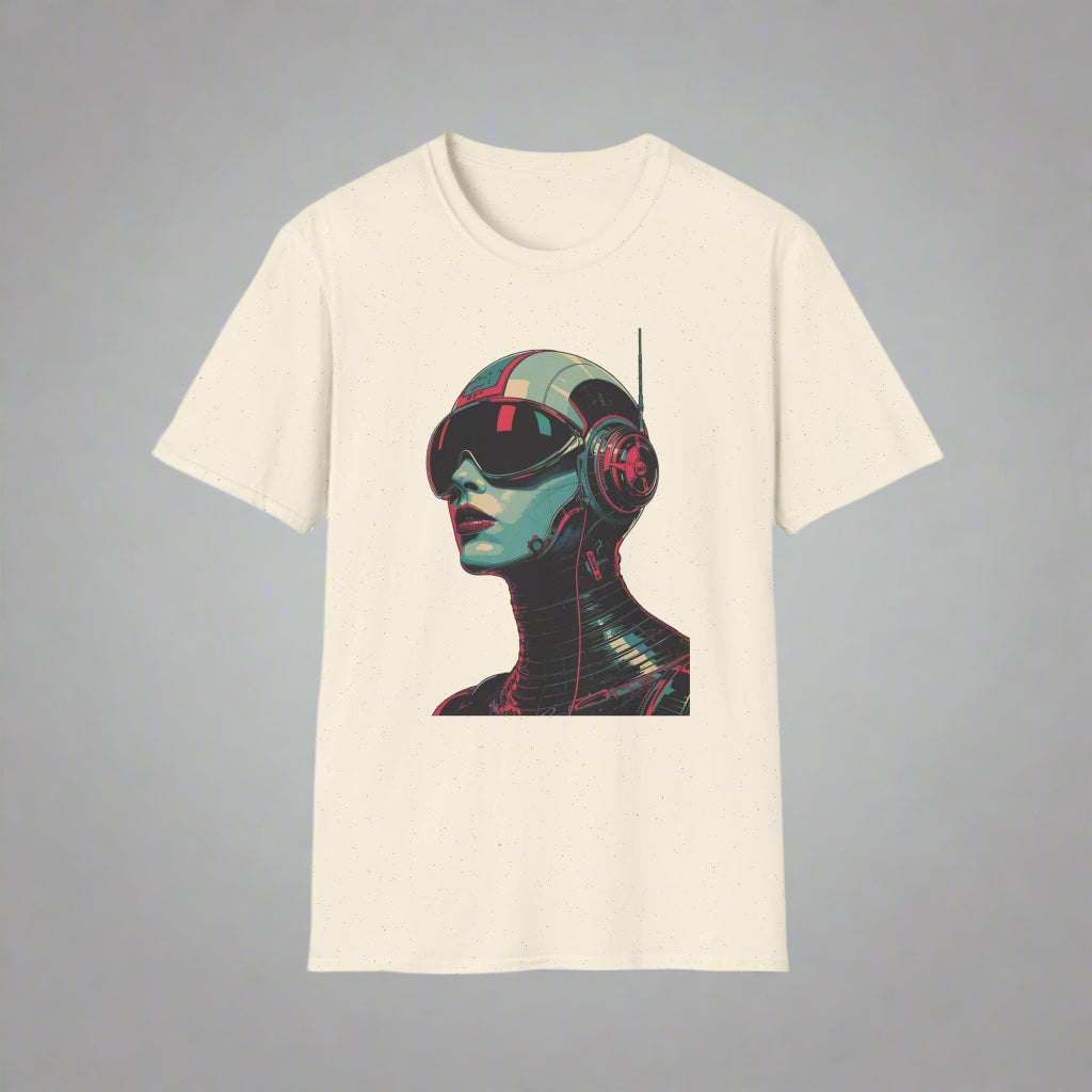 Beige t-shirt with a graphic of a person wearing headphones