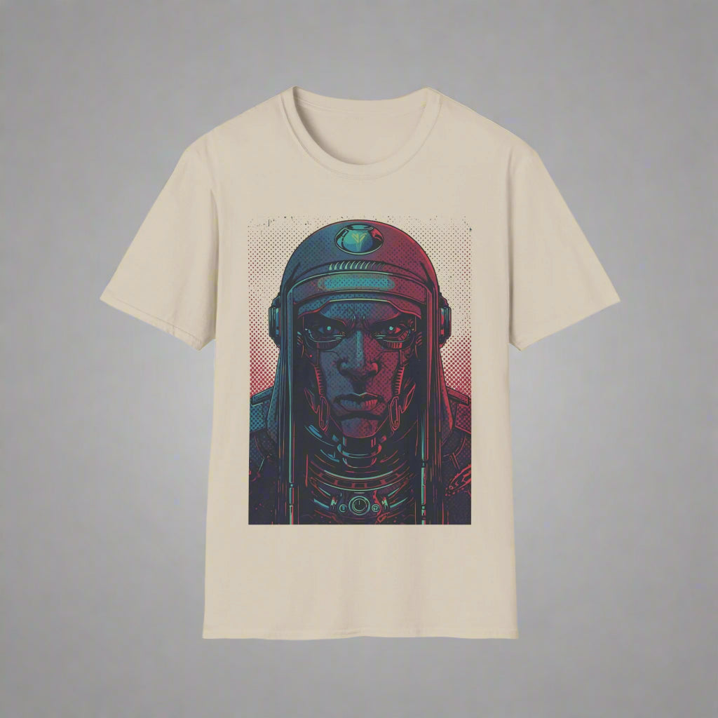 Beige t-shirt with a graphic of a character in a helmet