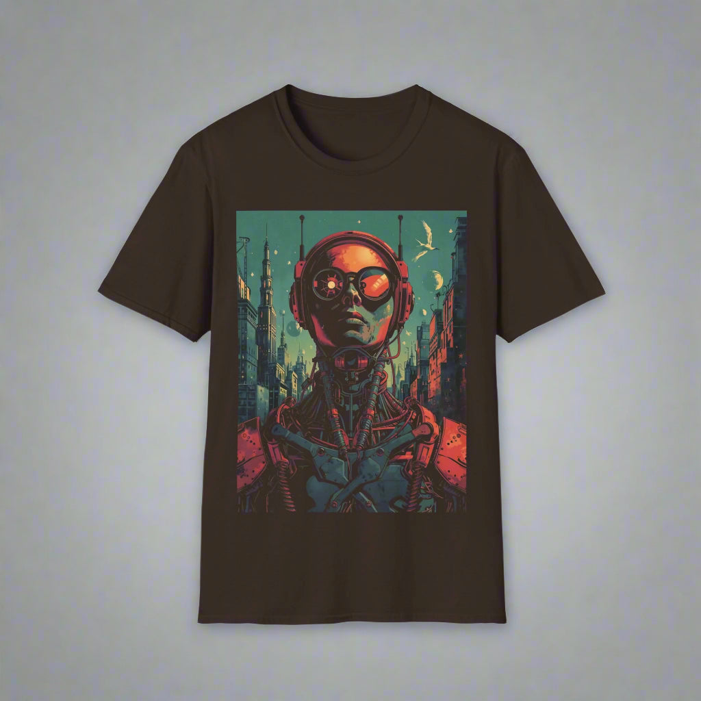 Black t-shirt with a futuristic robot design