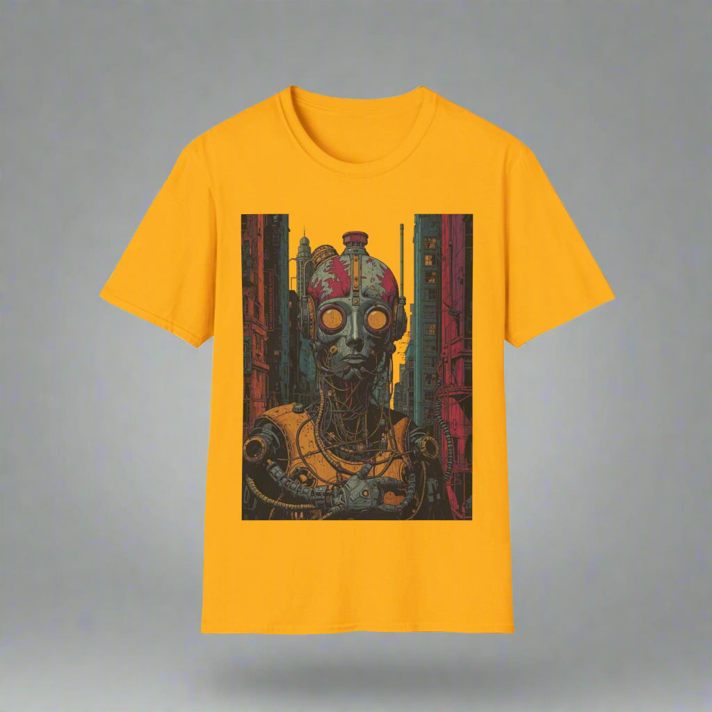 Yellow t-shirt with a robot graphic