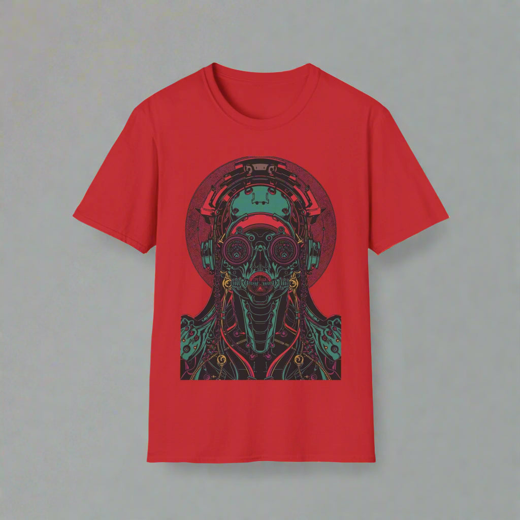 Red t-shirt with a colorful graphic design