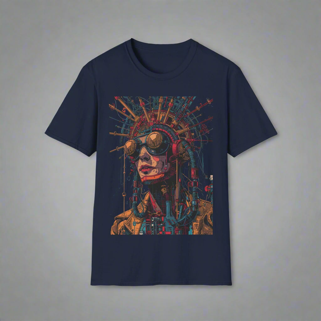 Navy blue t-shirt with a colorful graphic design