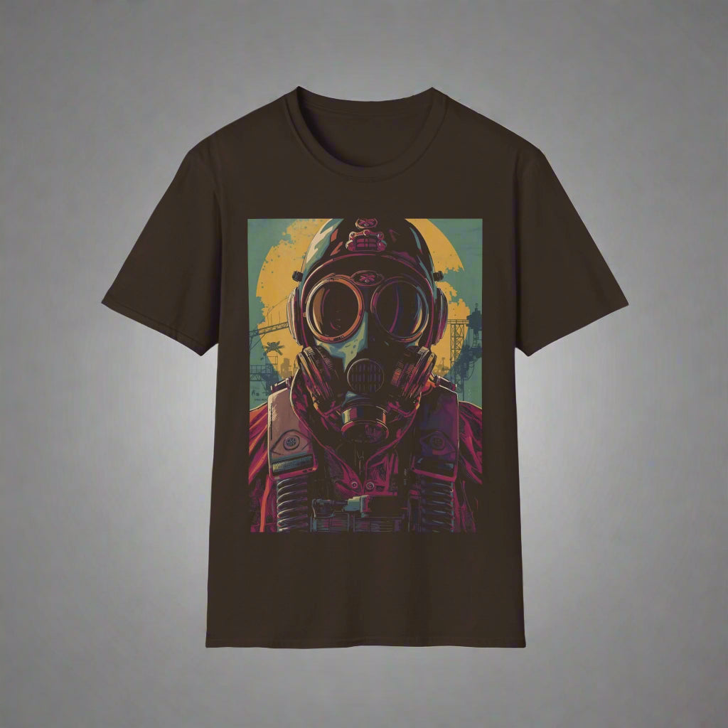Black t-shirt with a graphic of a person wearing a gas mask