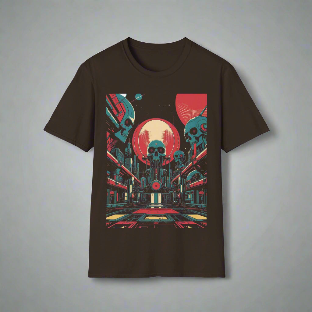 Black t-shirt with a colorful graphic design featuring skulls and architecture