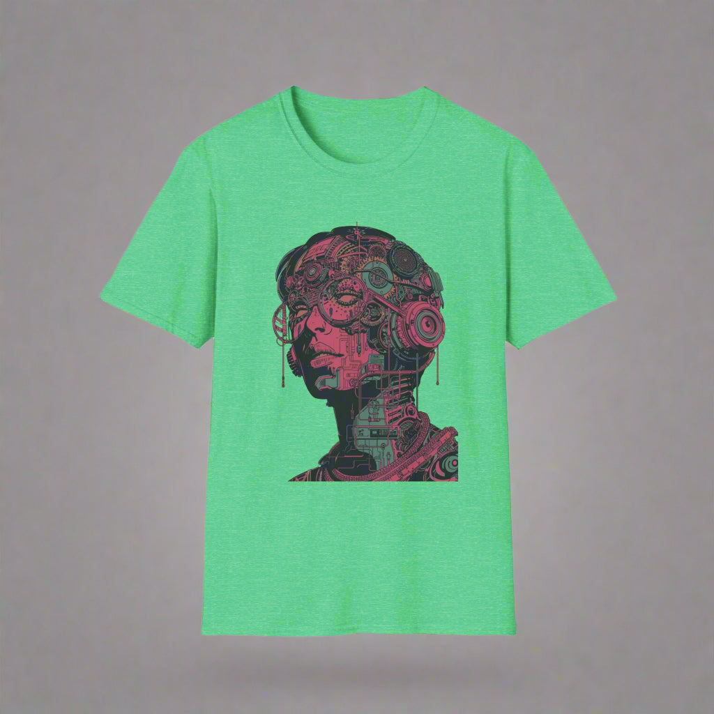 Green t-shirt with a red and black mechanical design
