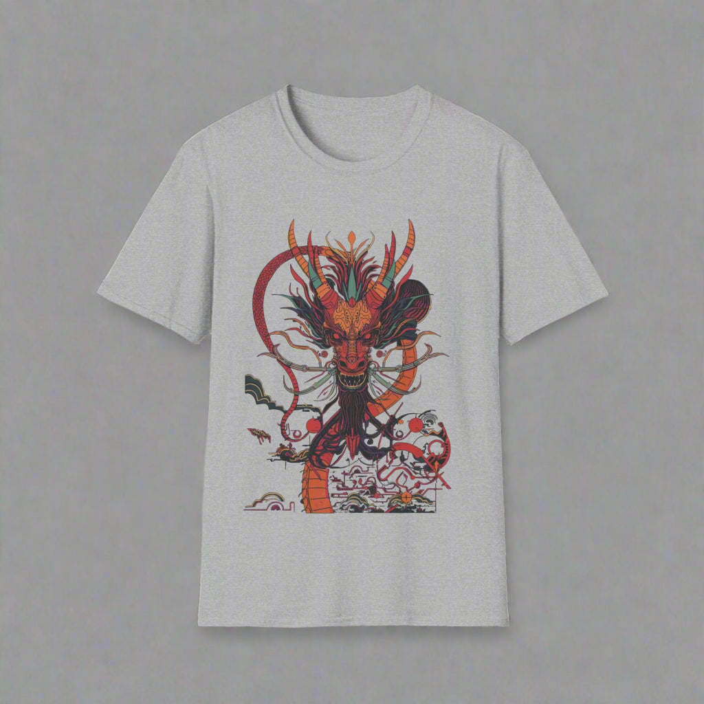 Gray t-shirt with a colorful dragon design