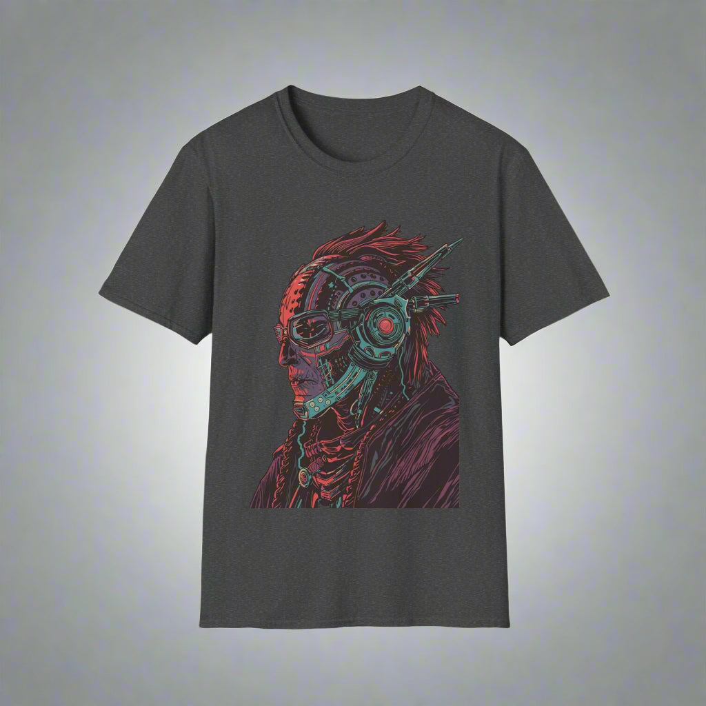 Dark gray t-shirt with a colorful graphic design