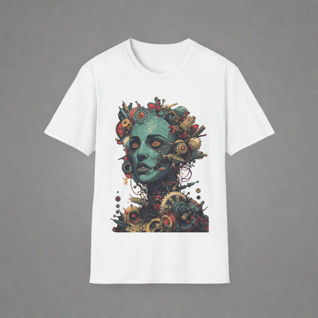 White t-shirt with a colorful graphic design