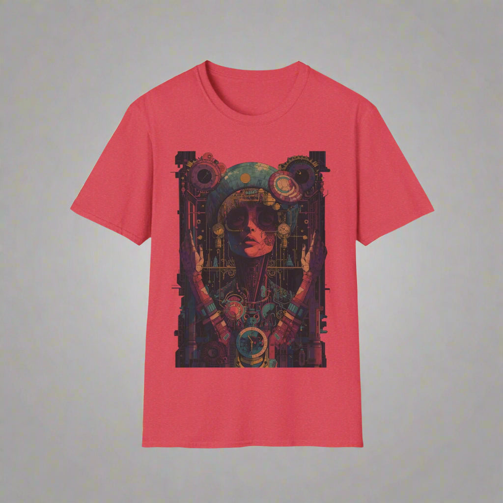Red t-shirt with a graphic design of a person with blue hair and sunglasses