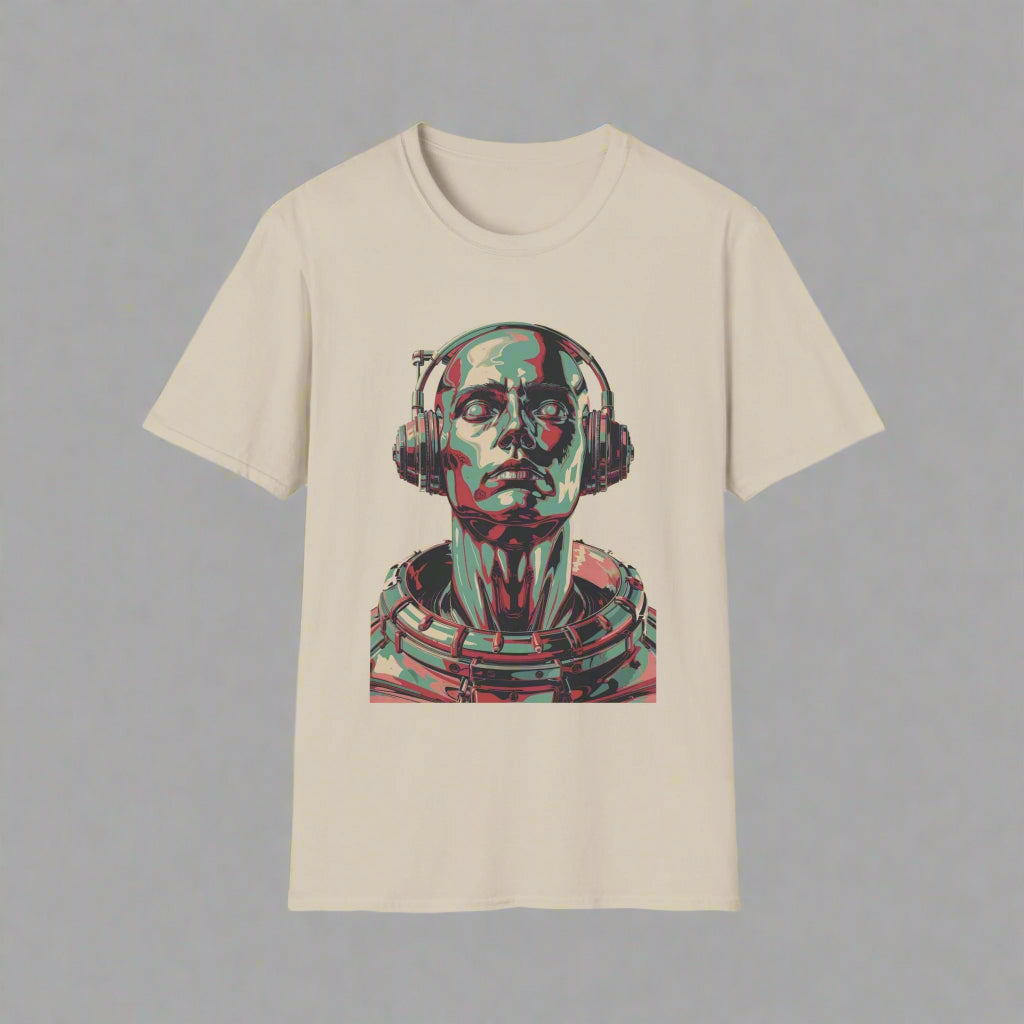 Beige t-shirt with a graphic design of a person wearing headphones
