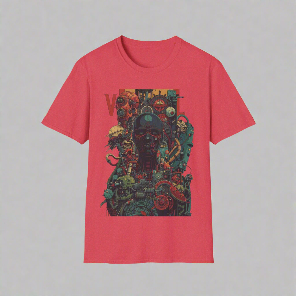 Red t-shirt with a colorful graphic design