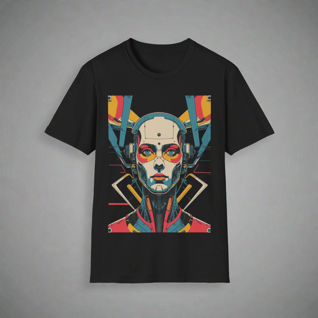 Black t-shirt with a colorful graphic design of a face and abstract elements