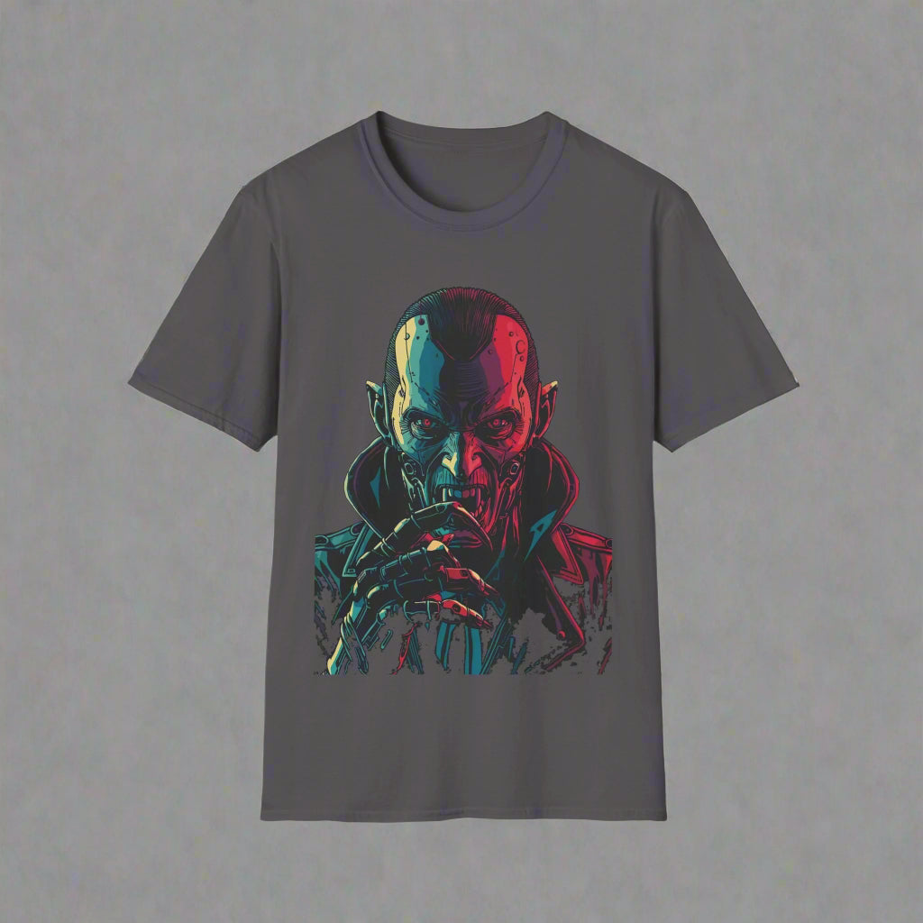 Dark gray t-shirt with a colorful graphic design