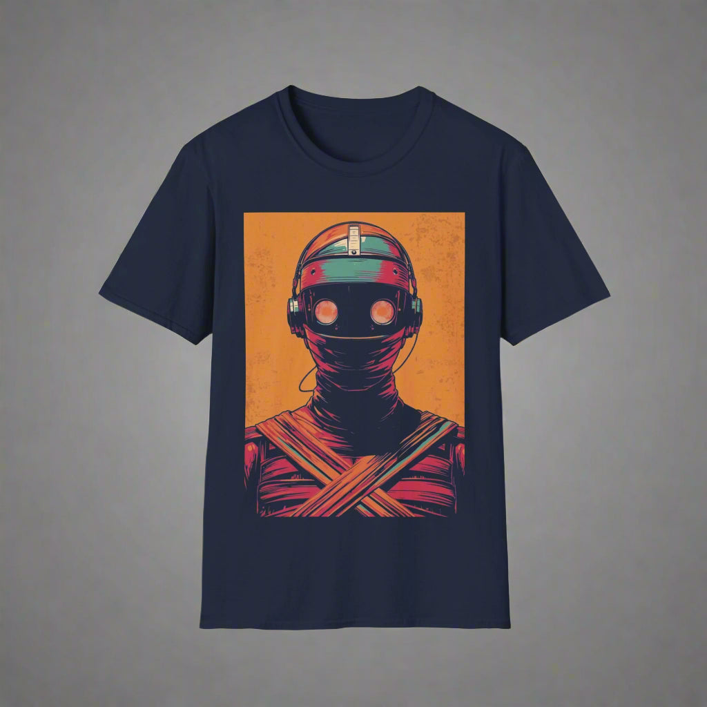 Navy blue t-shirt with a robot graphic on an orange background