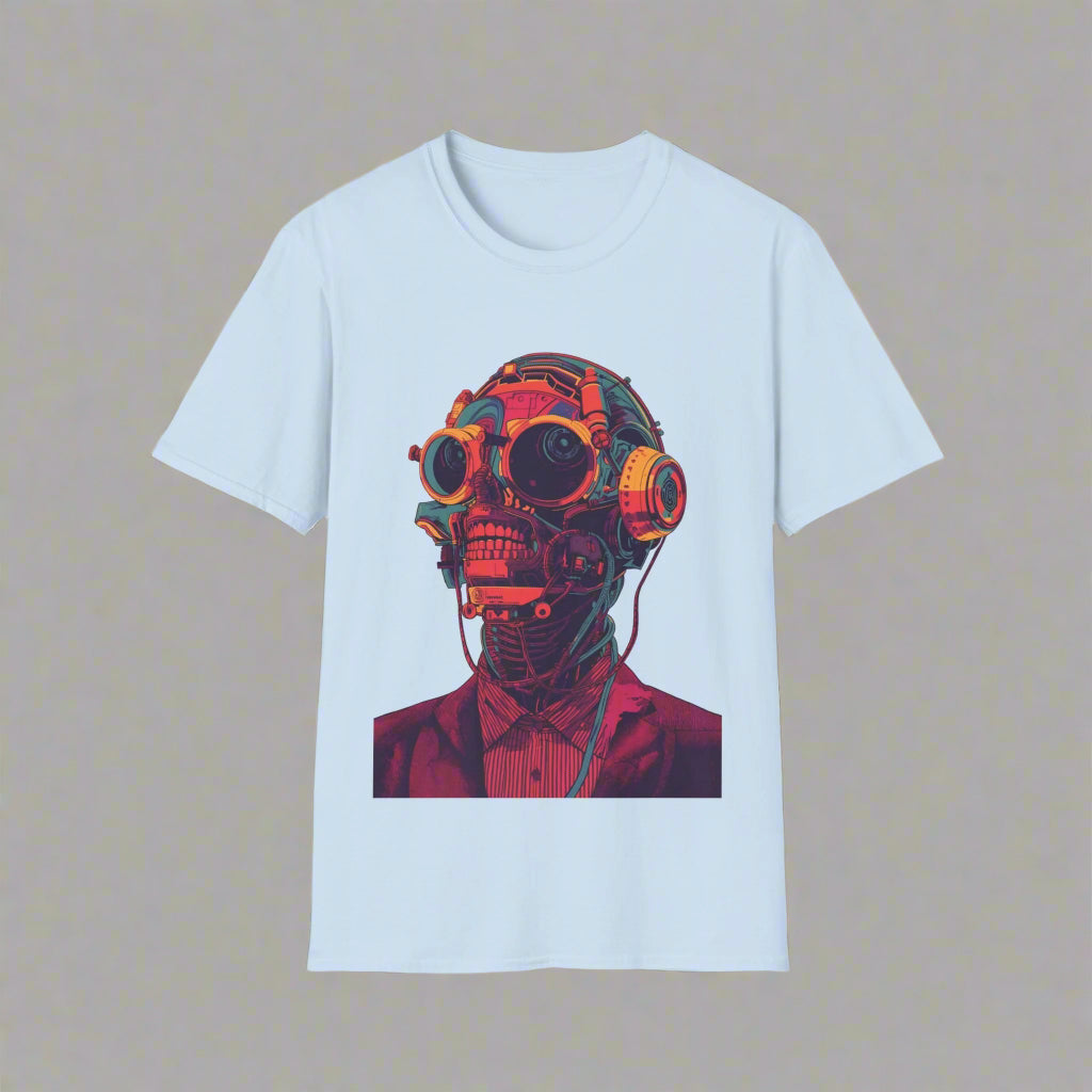 Light blue t-shirt with a graphic of a person wearing a gas mask