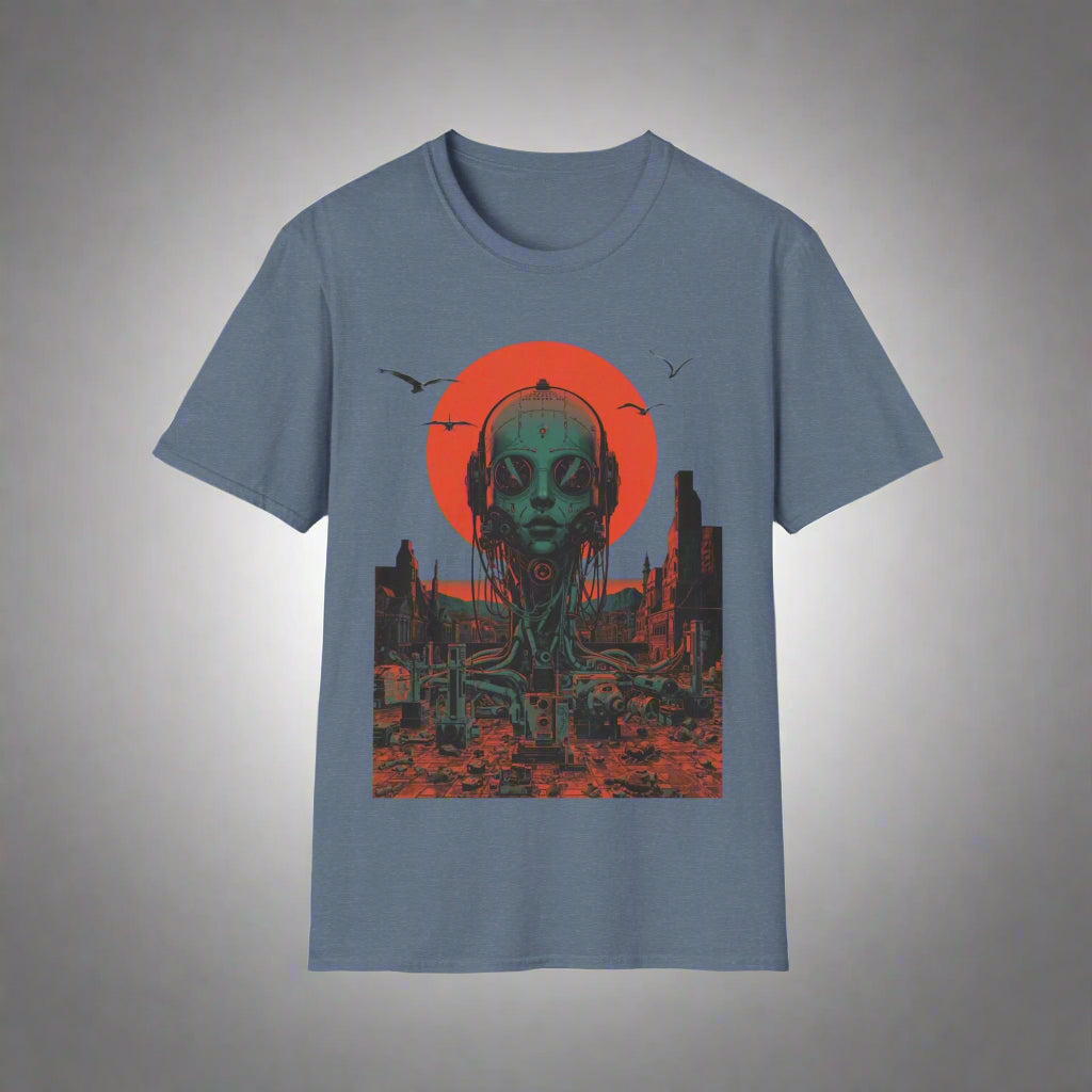 Blue t-shirt with alien design and cityscape