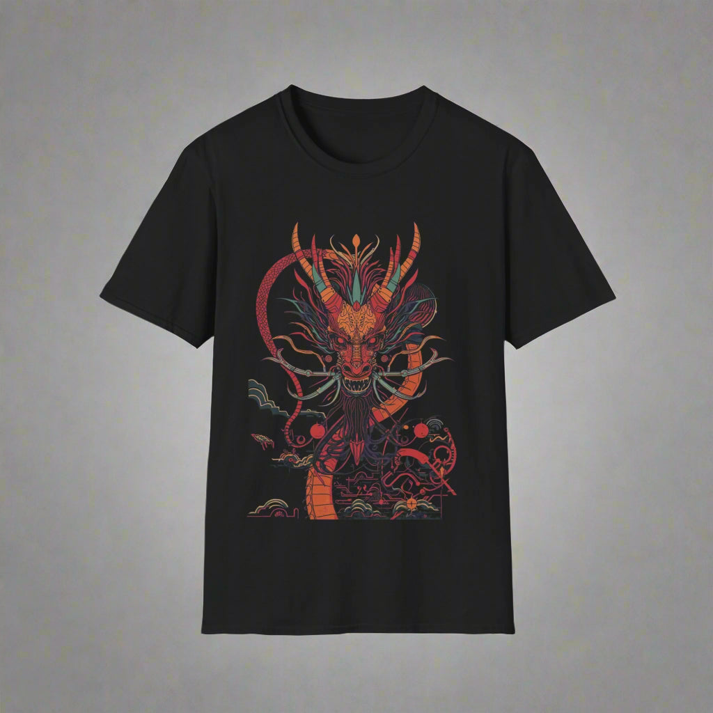 Black t-shirt with a colorful dragon design