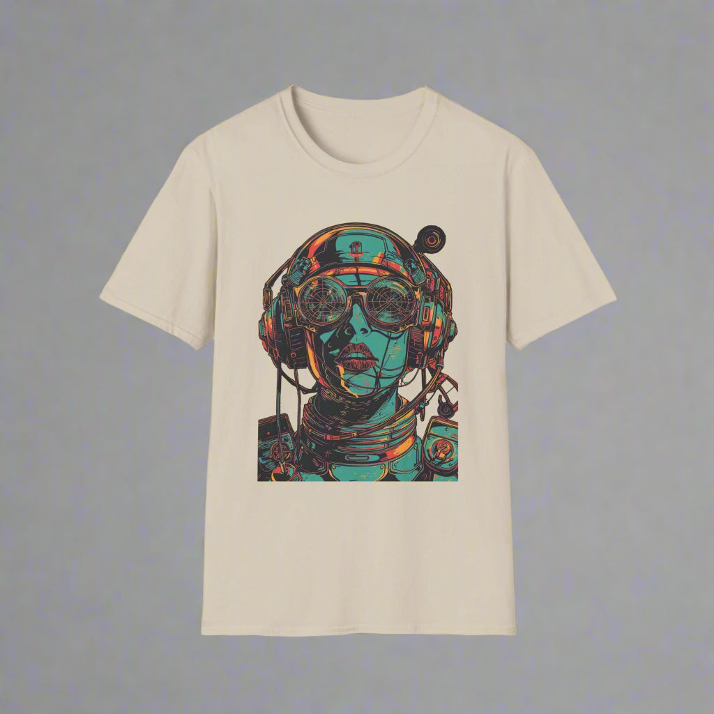Beige t-shirt with a colorful graphic of an astronaut