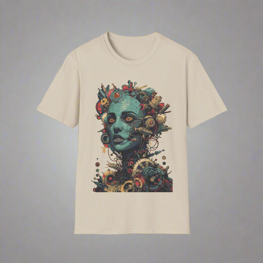 Beige t-shirt with a colorful graphic design