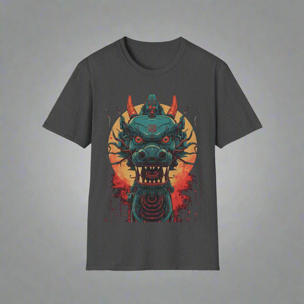 Dark gray t-shirt with a colorful dragon graphic