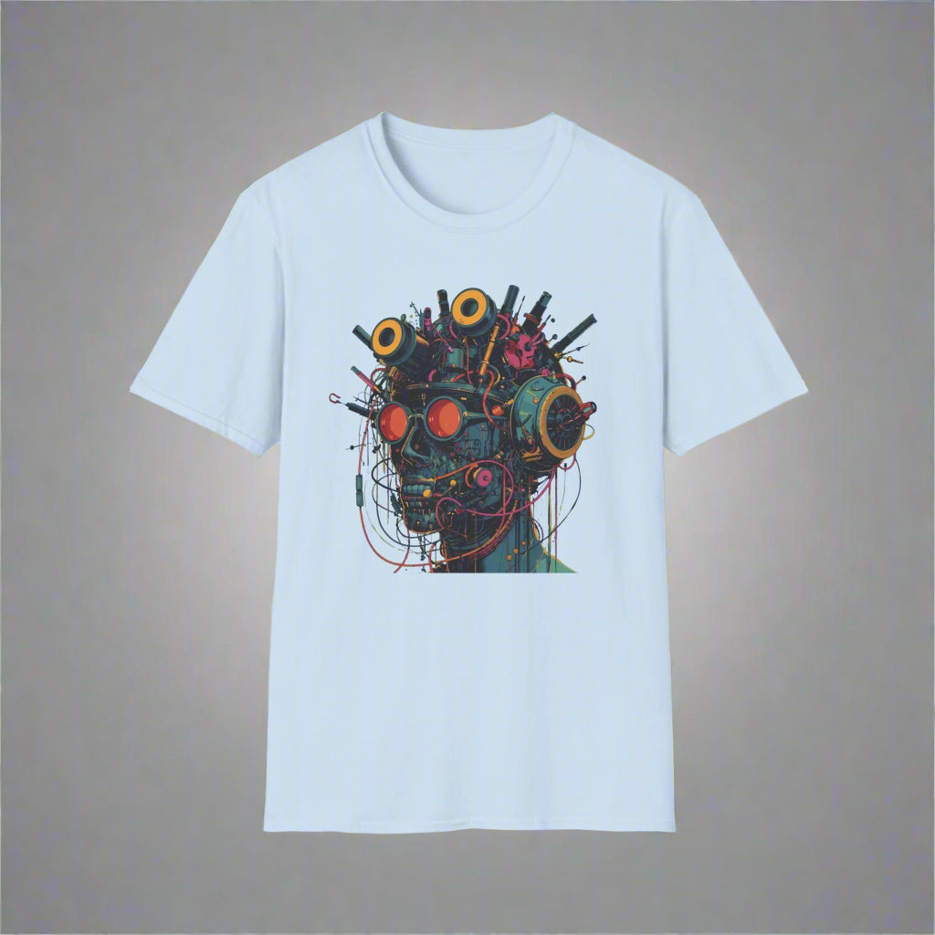 Light blue t-shirt with a colorful abstract design