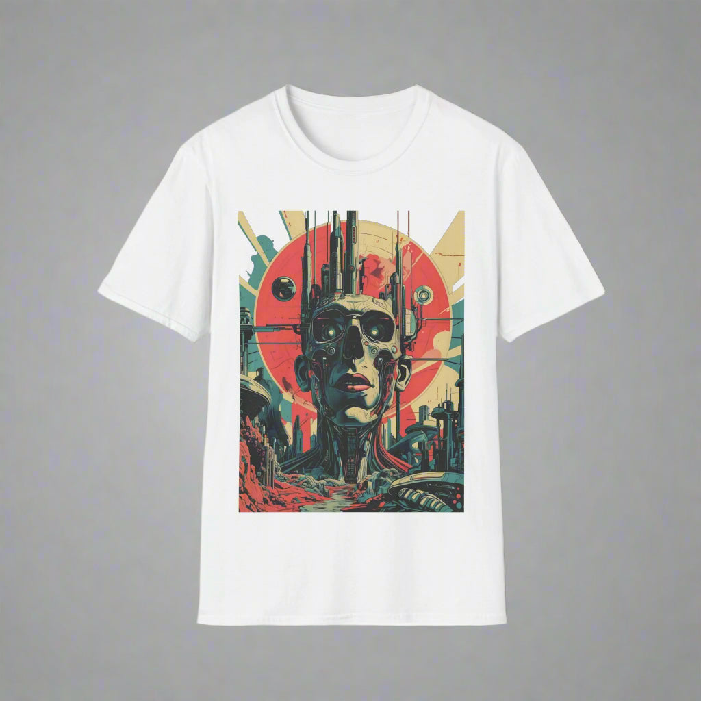 White t-shirt with a graphic design of a robot's face
