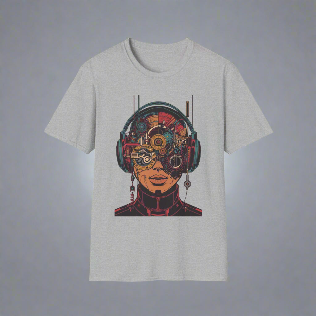 Gray t-shirt with a colorful graphic of a person wearing headphones and goggles