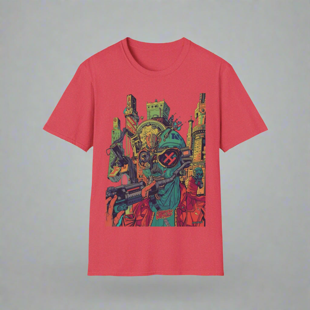 Red t-shirt with a colorful graphic design