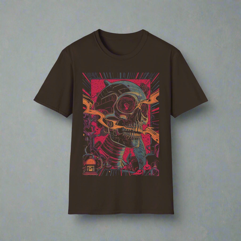 Black t-shirt with a colorful graphic design