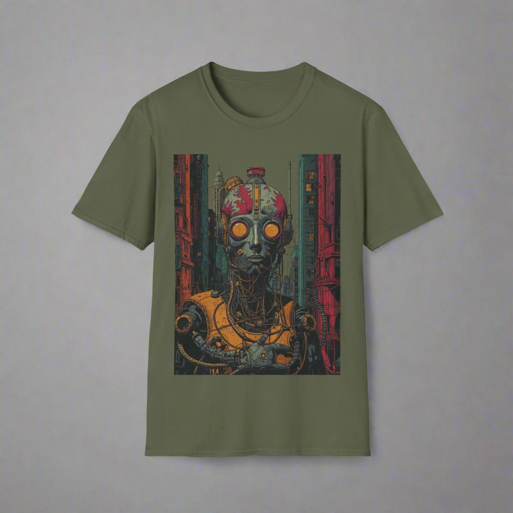 Green t-shirt with a graphic design of a robot in a futuristic setting