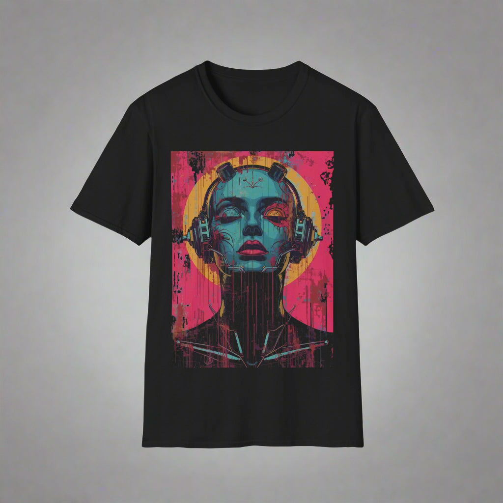 Black t-shirt with a colorful graphic design of a face wearing headphones