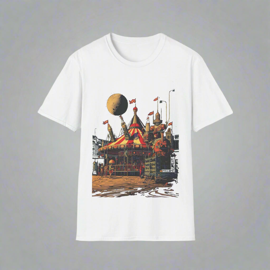 White t-shirt with a colorful graphic design