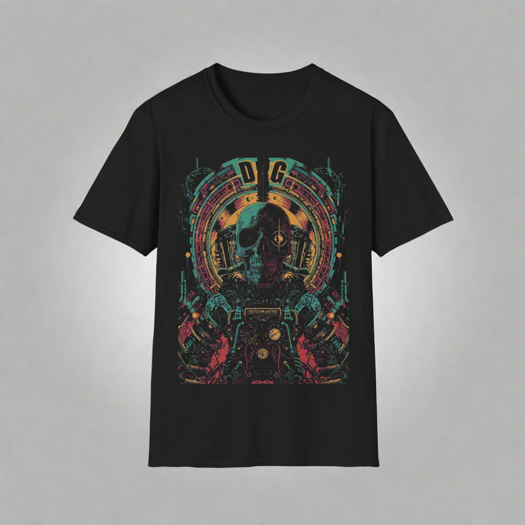 Black t-shirt with colorful graphic design