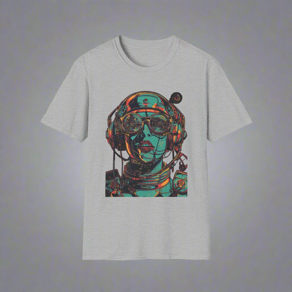 Gray t-shirt with a colorful astronaut graphic