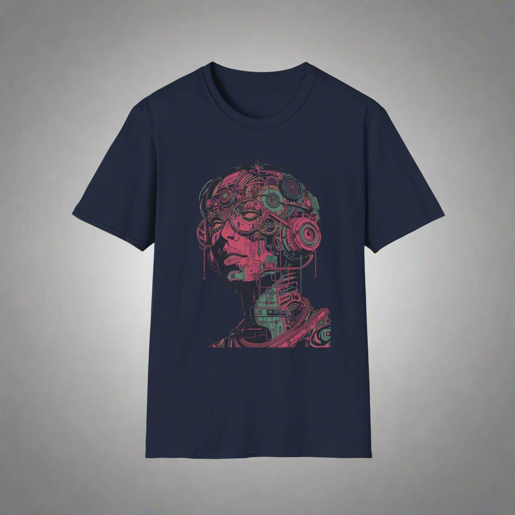 Navy blue t-shirt with a mechanical head design