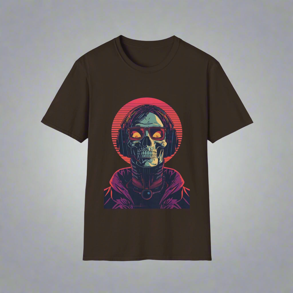 Black t-shirt with a colorful graphic of a skull and red circle