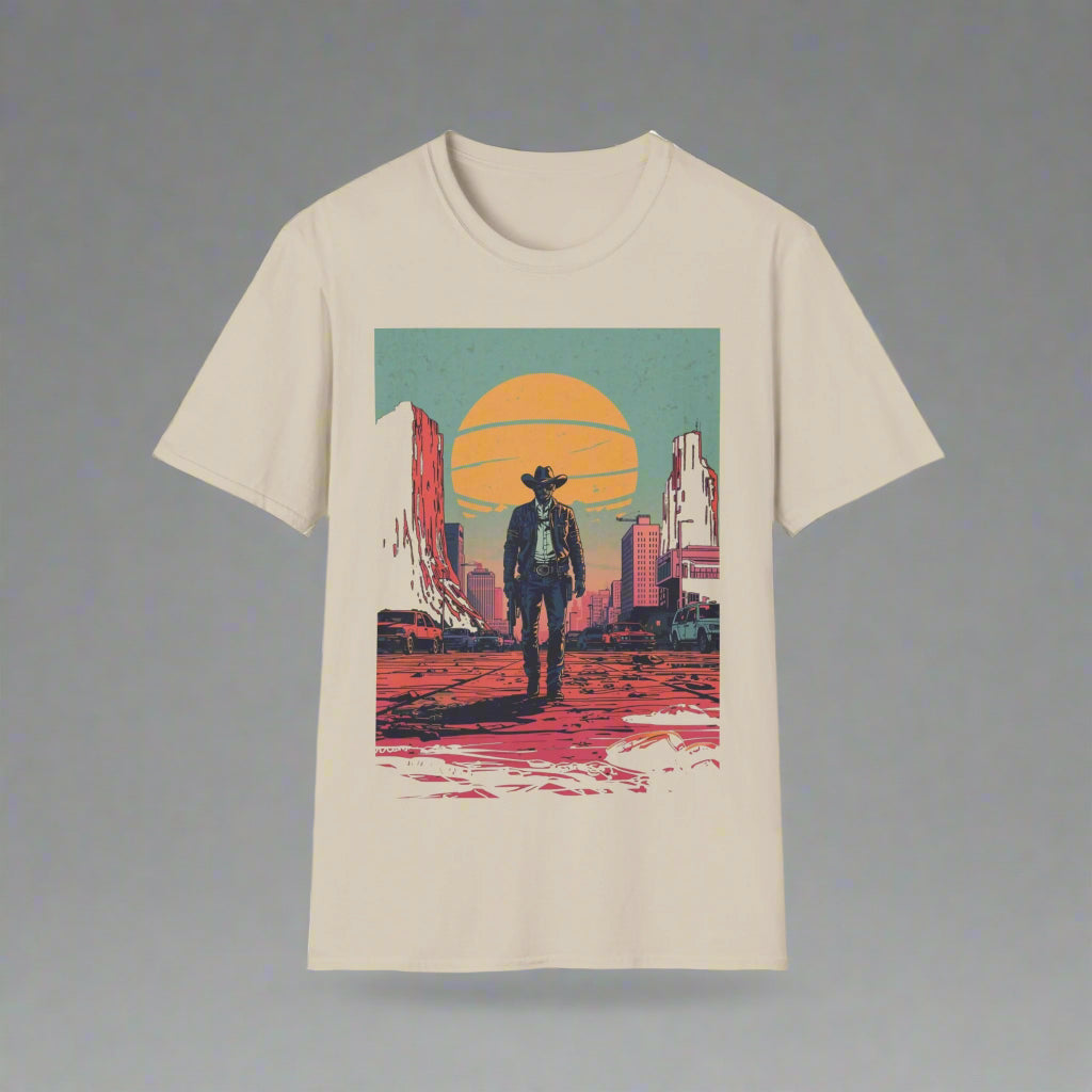 Beige t-shirt with a graphic of a person in a cowboy hat