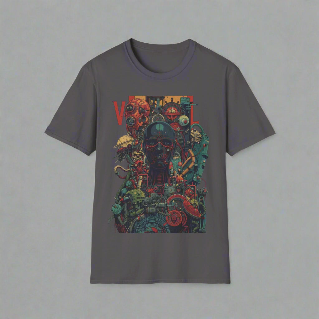 Gray t-shirt with a colorful graphic design