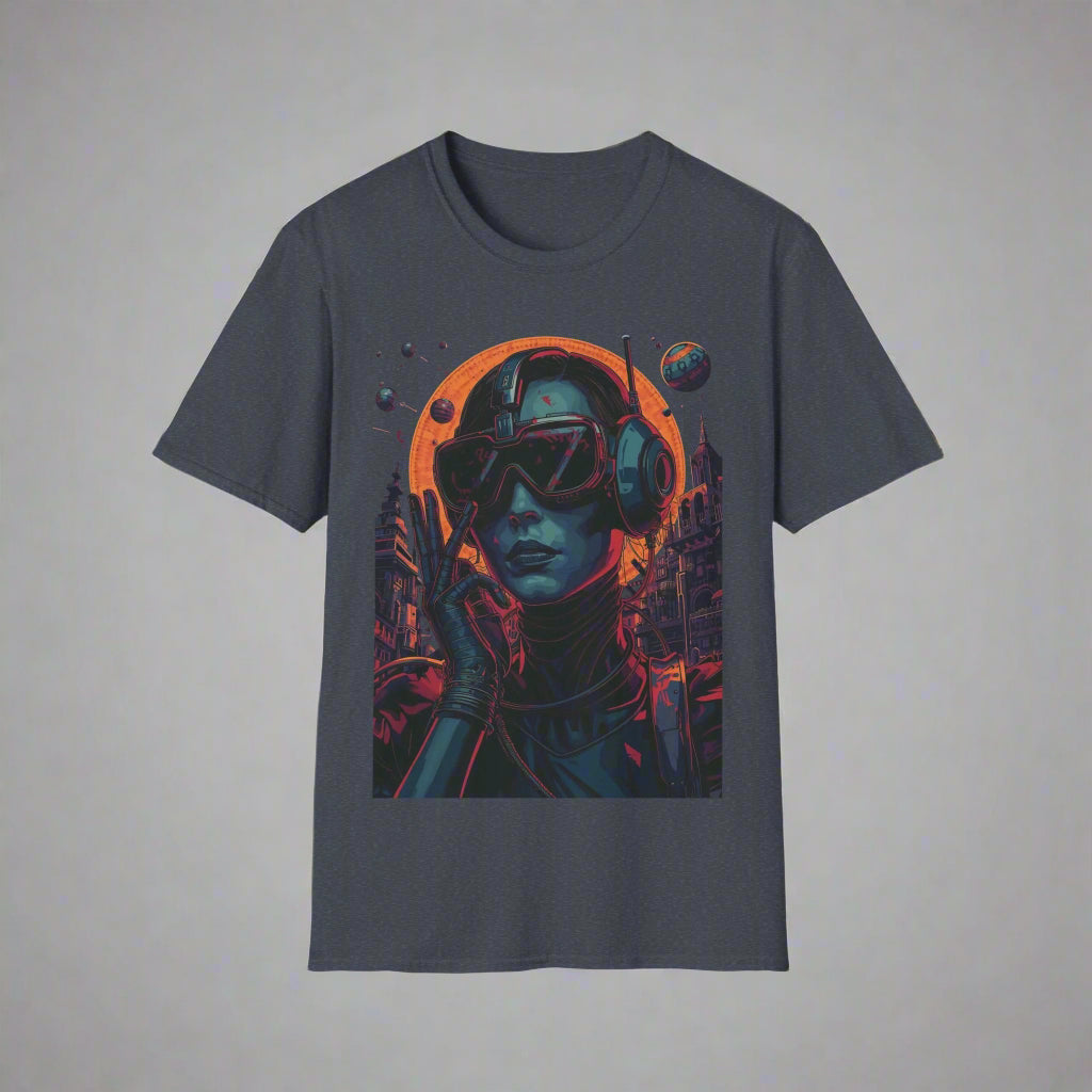 Gray t-shirt with a graphic of a person in a space suit