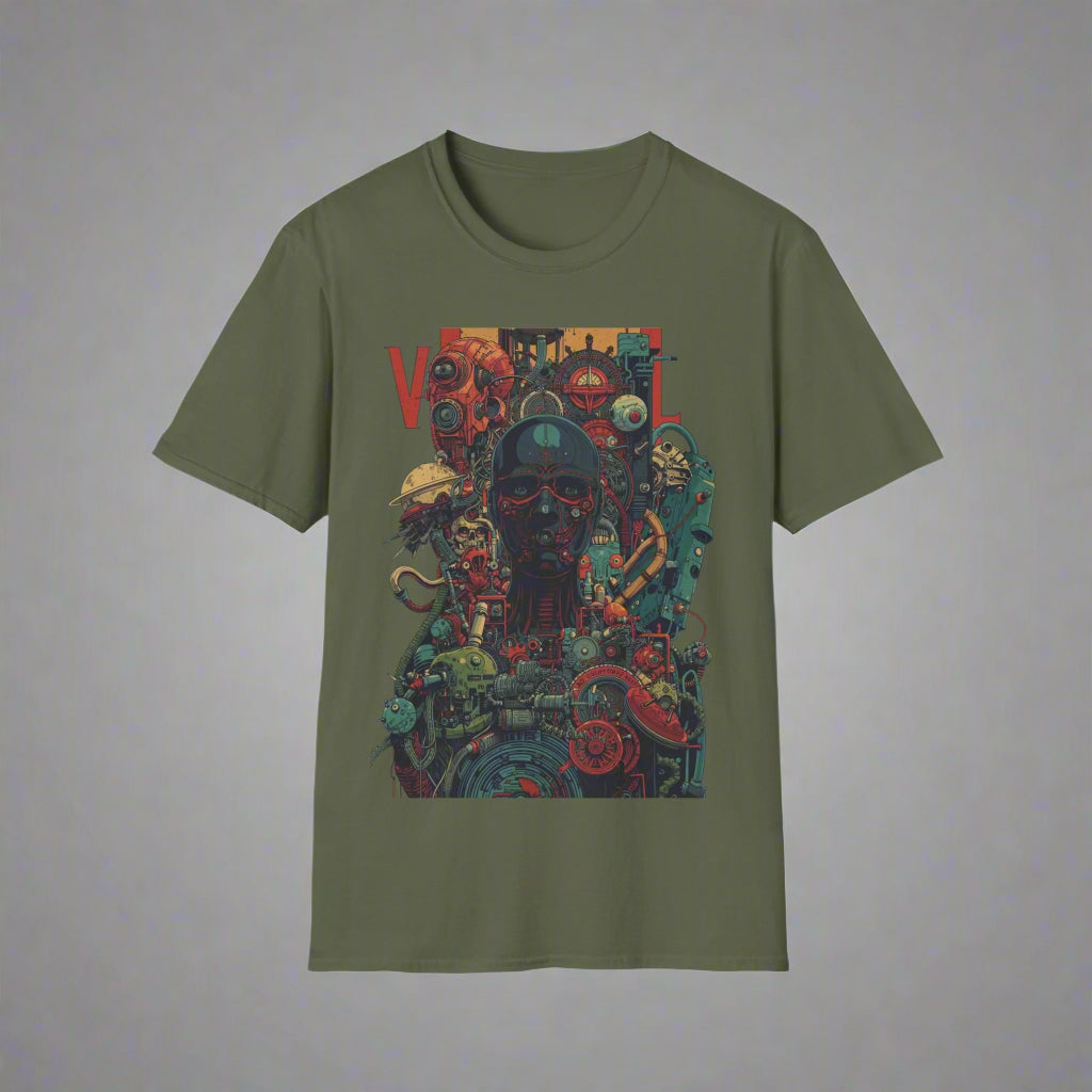 Green t-shirt with a colorful graphic design