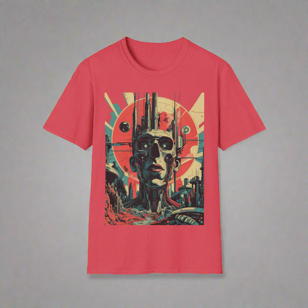 Red t-shirt with a graphic design of a robot's face