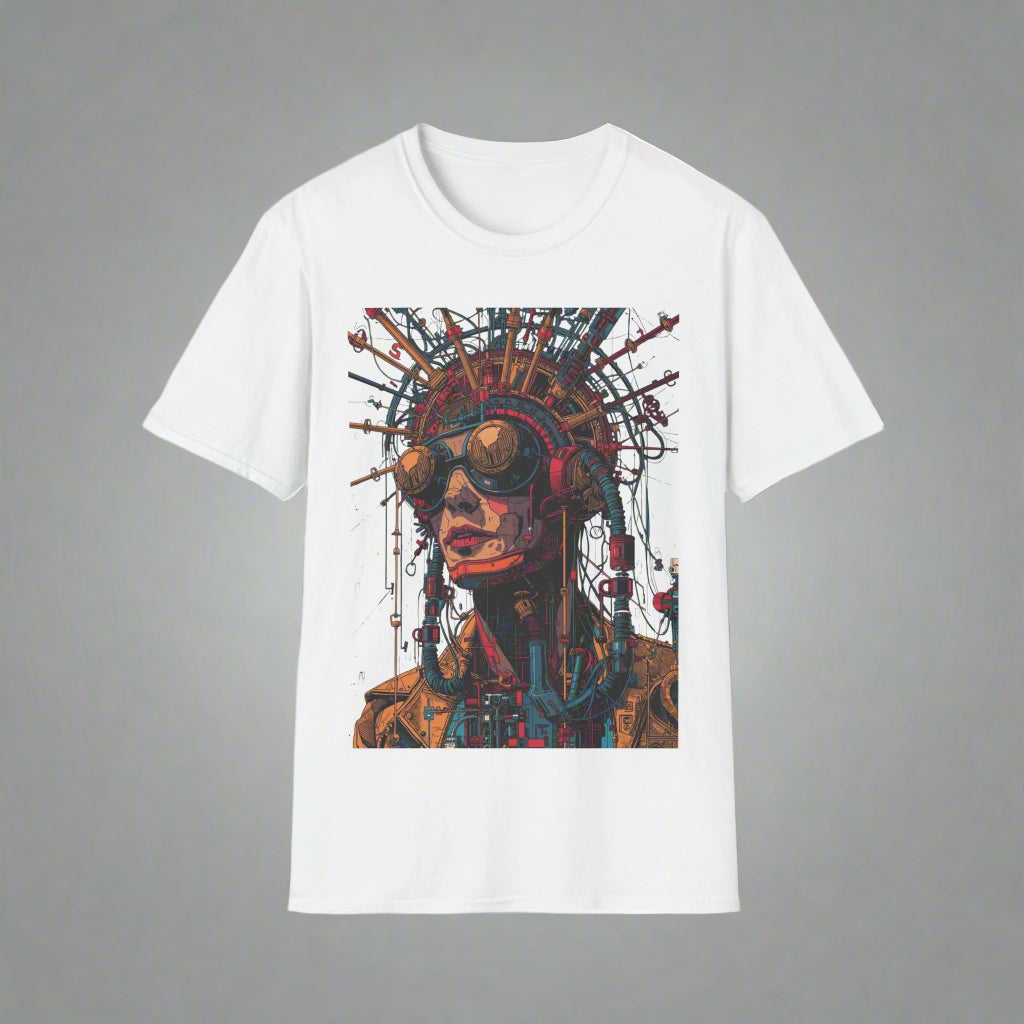 White t-shirt with a graphic design of a person wearing goggles and intricate headgear