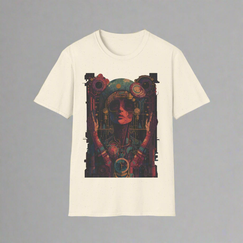 Beige t-shirt with a colorful graphic design