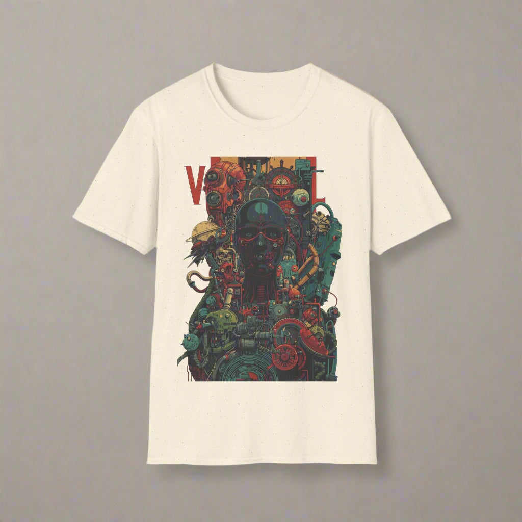 Beige t-shirt with a colorful graphic design