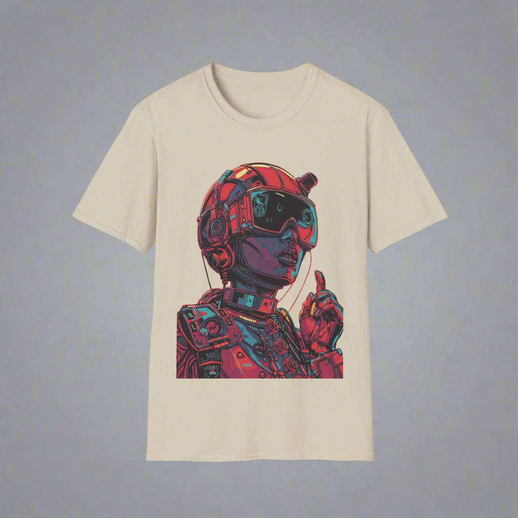 Beige t-shirt with a colorful graphic of a person wearing goggles