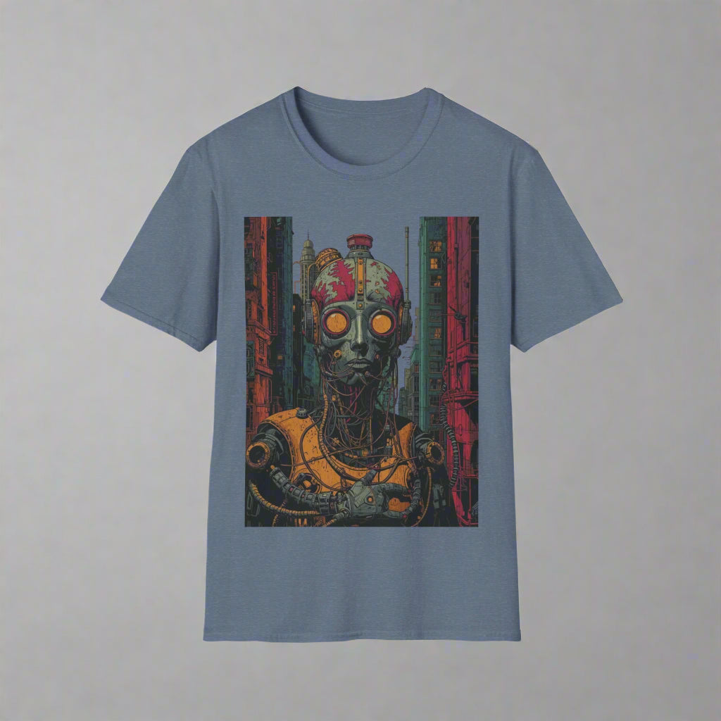 Blue t-shirt with a graphic of a robot-like creature